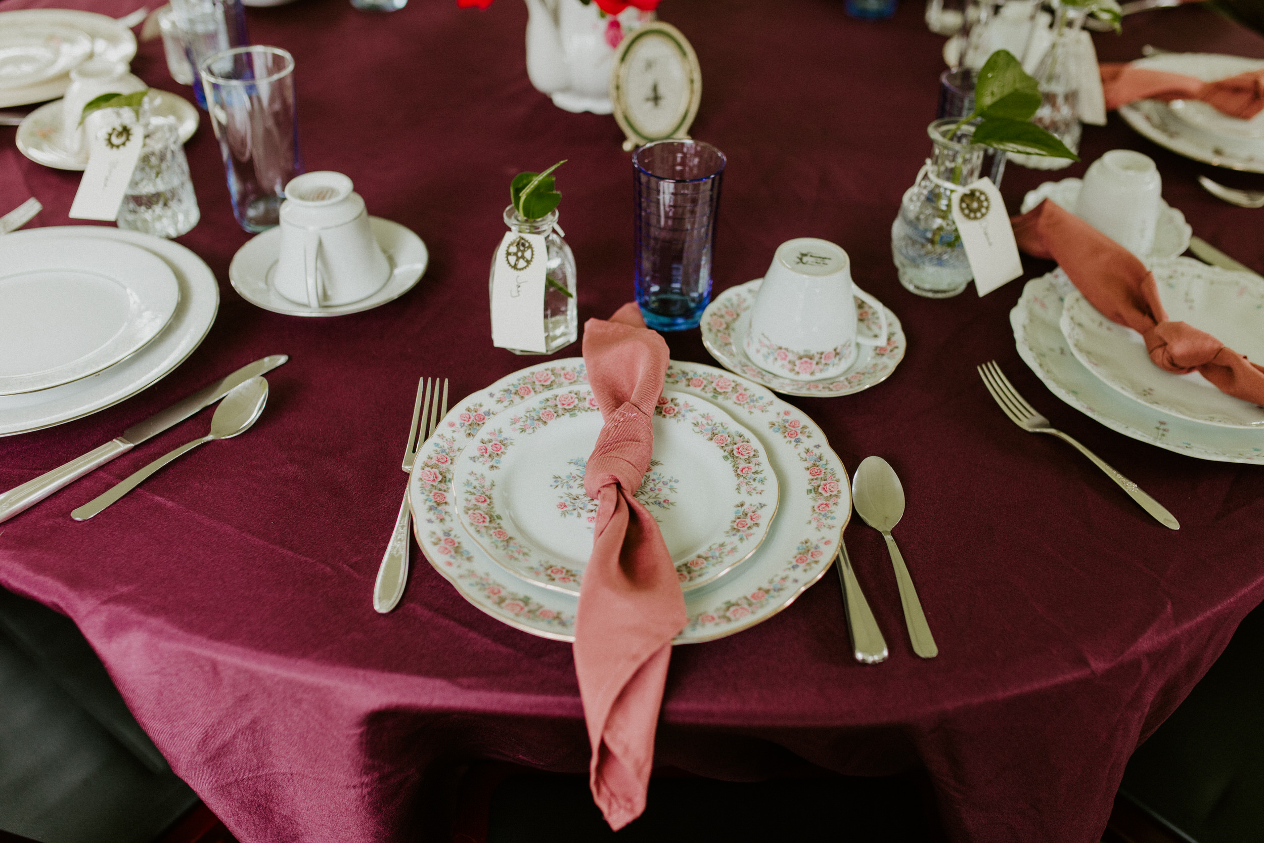 vintage thrifted wedding table settings